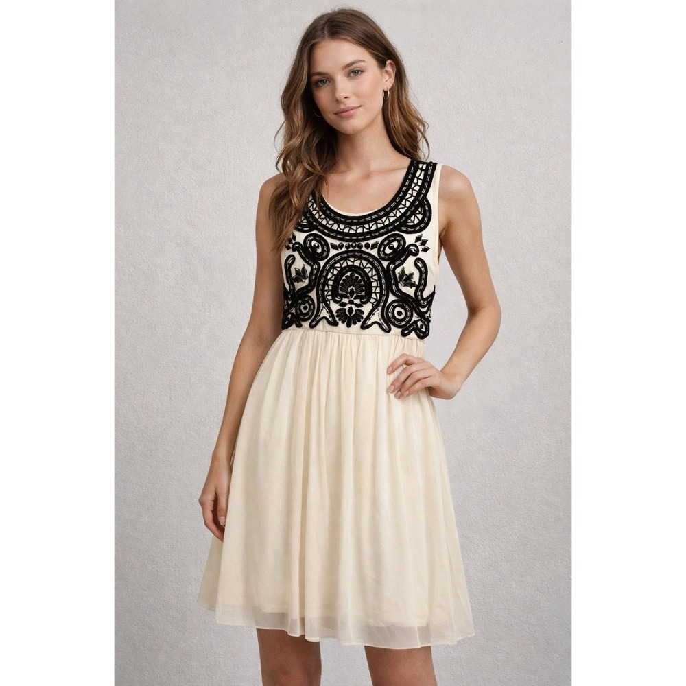 Vineet Bahl Dress Womens XS Cream Black Embroidered Soutache Tulle Fit & Flare